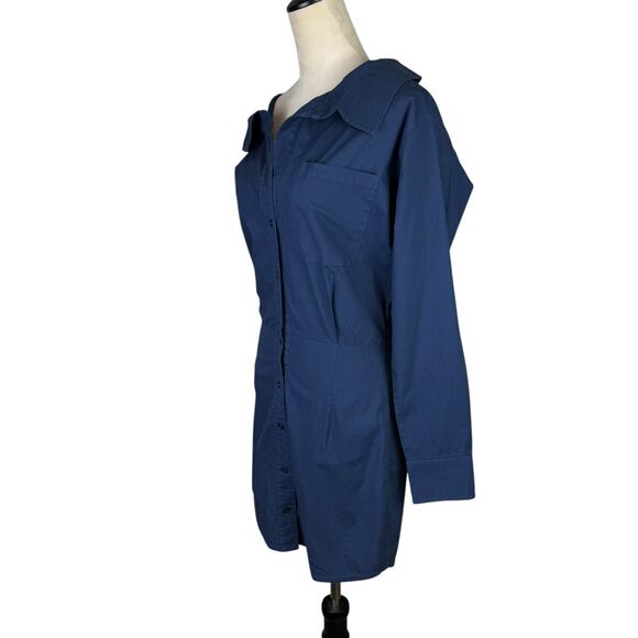 Monrow Navy Stretch Poplin Cotton Blend Button Up Long Sleeve Mini Shirt Dress - Picture 4 of 14